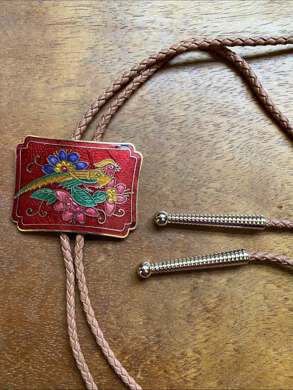 Bolo tie made from vintage cloisonné belt buckle featuring a pheasant. - Picture 5 of 5